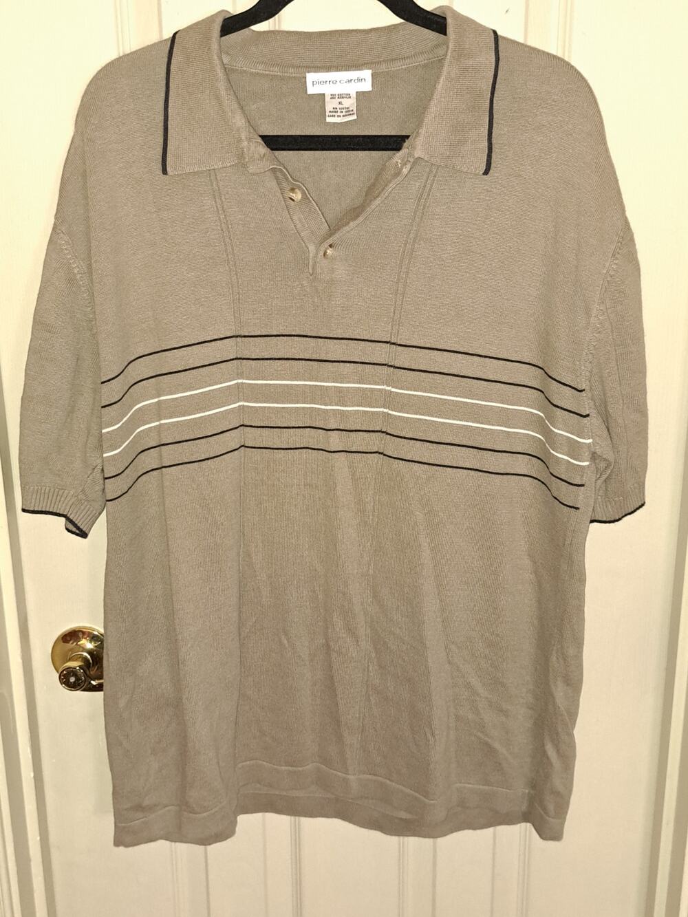 PIERRE CARDIN Men's Tan Striped Short Sleeve 1/4 Button Collared Sweater size XL